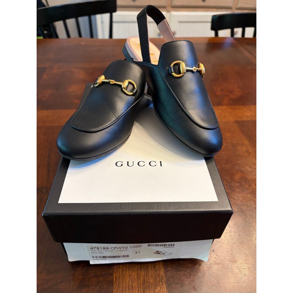 Gucci Girls Black Leather Horsebit Slingback Mules Sz 31 US 13.5 Preowned